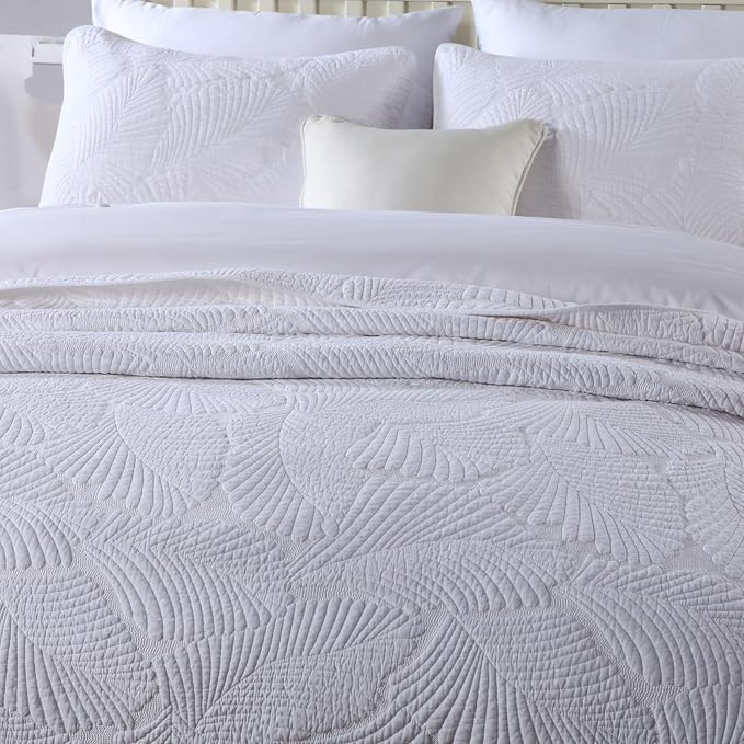 ROOMLIFE Queen Quilt Set Palm Leaves Pattern 3 PCS 100% Cotton Soft Breathable - Image 2