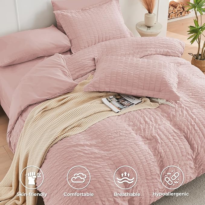 HYMOKEGE Rose Gold King Size Comforter Set Seersucker 7 Pieces, All Season - Image 3
