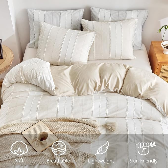 WARMDERN Khaki Striped Weave Duvet Cover King Size, Microfiber Textured Bedding - Image 3