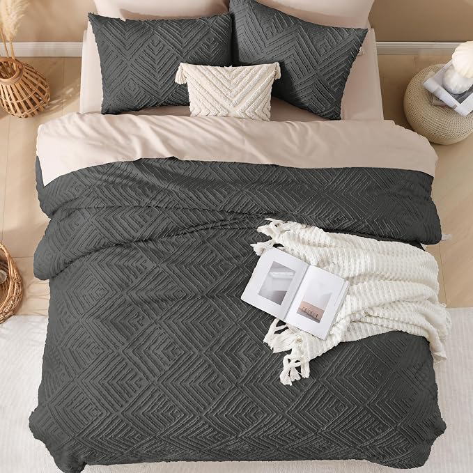 Andency Dark Grey Comforter Set Queen, 3 Pieces Tufted Farmhouse Shabby Chic - Image 7