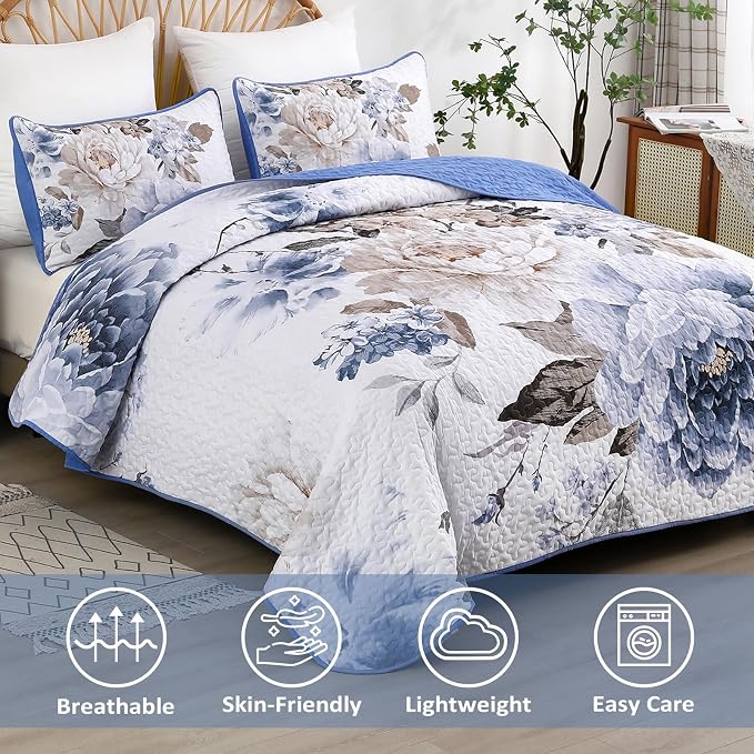 WONGS BEDDING Floral Quilt Set Blue Queen Size 3 Pieces Elegant Botanical Print - Image 3