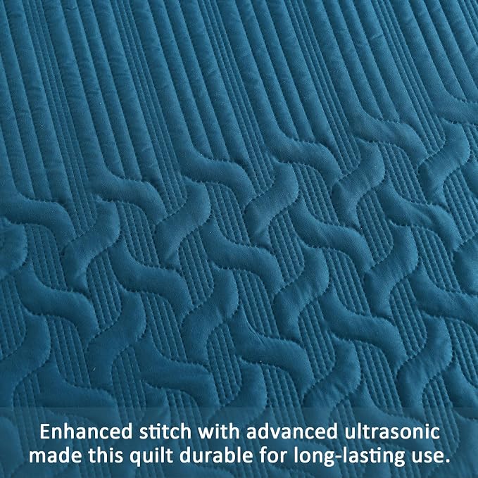 Yiran Teal Blue Quilt Set King Size Lightweight Bedspread Ultrasonic Wave - Image 5
