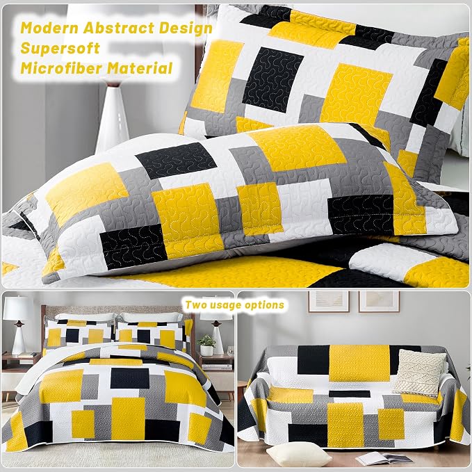 Tyrot 3 Piece Yellow Grey Quilt Set California King Size Yellow Gray White - Image 3