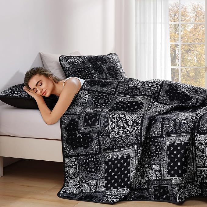 Cottolester Boho Patchwork Quilt Set Queen Size, Paisley Floral Bedding Set - Image 6