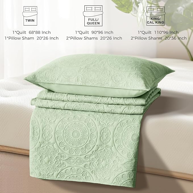 WURUIBO Light Green Quilt Set Twin Size, Embossing Microfiber Bedspreads - Image 7