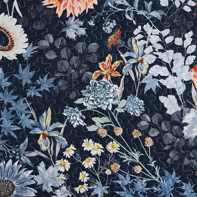 Yiran Navy Blue Sunflower Floral Quilt Set King Size, Botanical Colorful - Image 5
