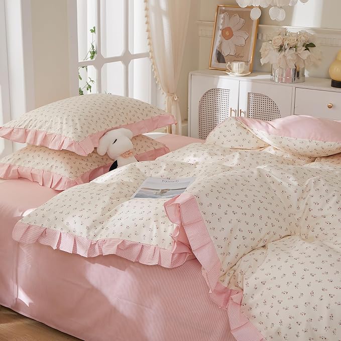 mixinni Pink Floral Duvet Cover Set Full Size – 100% Cotton Ruffle Lace Bedding - Image 7