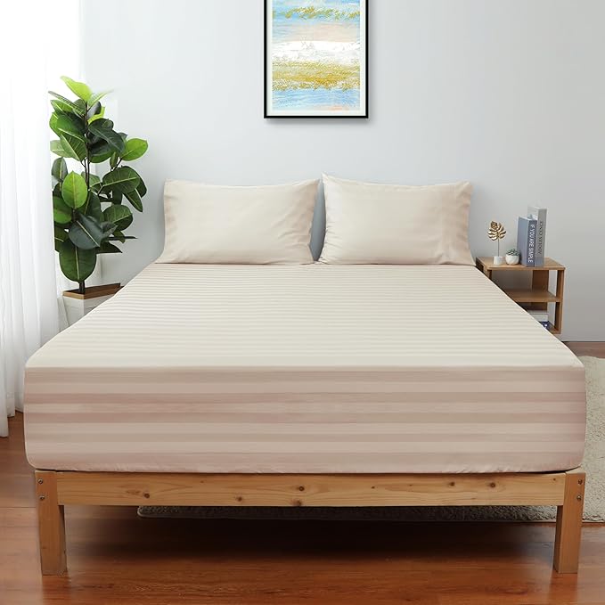 Full Size Striped Fitted Sheet Only Beige Color, 100% Egyptian Cotton 600 by ShunjieHome