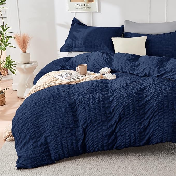 HYMOKEGE Navy Blue/Light Grey Twin Comforter Set Seersucker 5 Pieces, All - Image 2