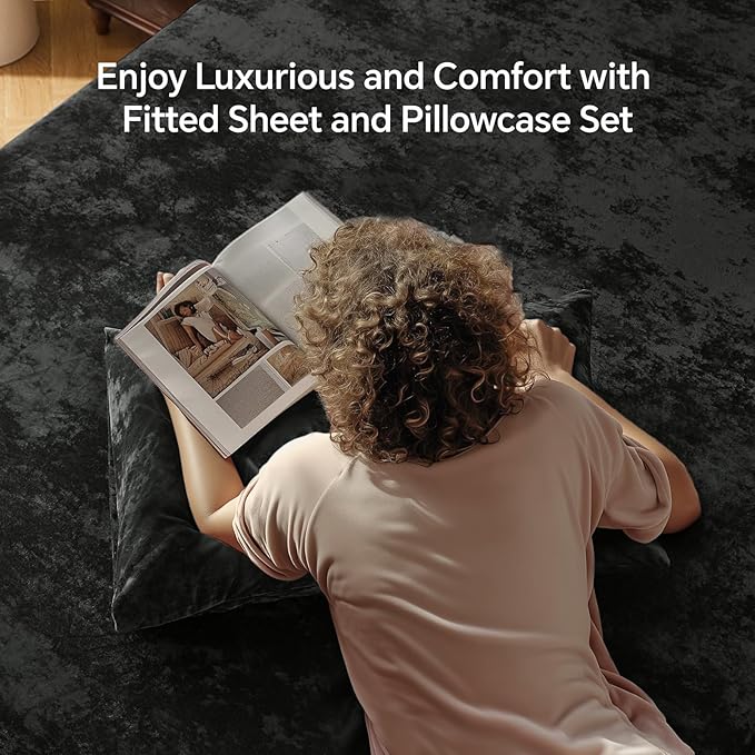 BEDELITE Velvet Fitted Sheet and Pillowcases Set, Luxury Soft Fuzzy Bottom Sheet - Image 2