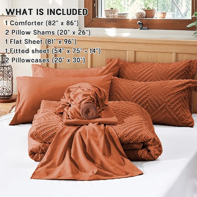 Zzlpp Full Comforter Set 7 Pieces, Burnt Orange Tufted Bed in a Bag - Image 5