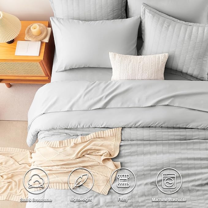 CozyLux King Size Comforter Set Light Grey Seersucker 7 Pieces Bed in a Bag - Image 2