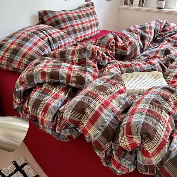 mixinni Vintage Red & Brown Buffalo Plaid Duvet Cover Set Queen Size - Image 8