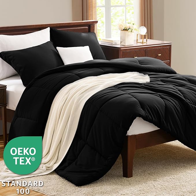 CozyLux Oversized Queen Comforter Set, 3 Pieces Black 98x98 Box Stitched Design - Image 3
