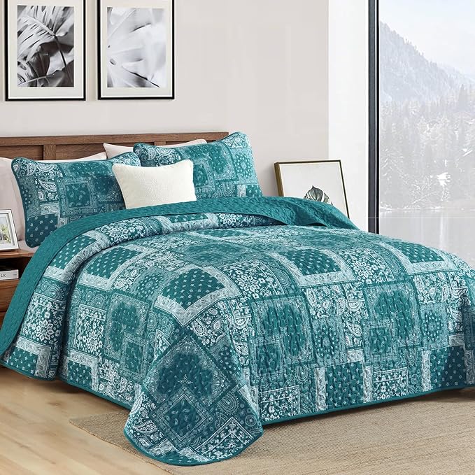 Cottolester Teal Patchwork Quilt Set King Size, 3 Pieces Boho Paisley Quilt Set - Image 2