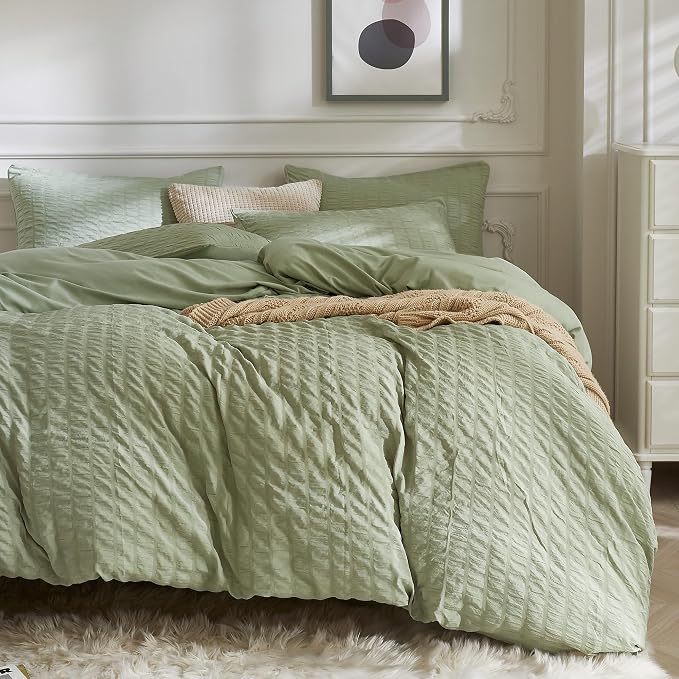 JELLYMONI Light Green Duvet Cover King Size, Soft Breathable Seersucker Duvet by JELLYMONI