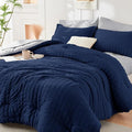 HYMOKEGE Navy Blue/Light Grey Twin XL Comforter Set Seersucker 5 Pieces by HYMOKEGE