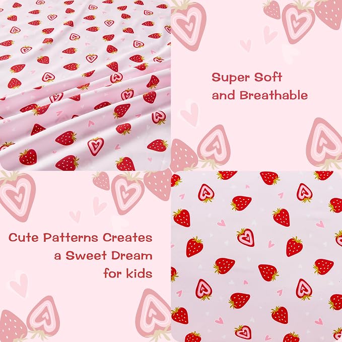 lasoftan Pink Strawberry Printed Kids Sheet Set Twin Size, Bed Sheets - Image 2