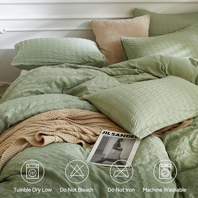 JELLYMONI Light Green Duvet Cover Full Size, Soft Breathable Seersucker Duvet - Image 4