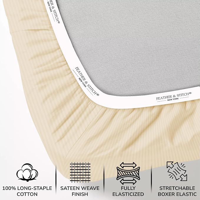 Feather & Stitch 1 Piece Fitted Sheet Twin Size, 100% Cotton Damask Sateen Weave - Image 2
