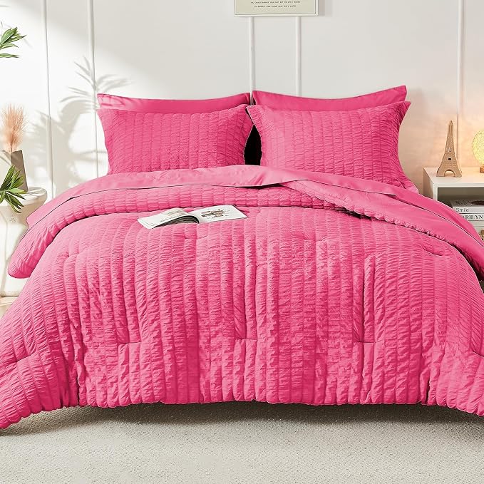 HYMOKEGE Hot Pink California King Comforter Set Seersucker 7 Pieces, All Season - Image 9