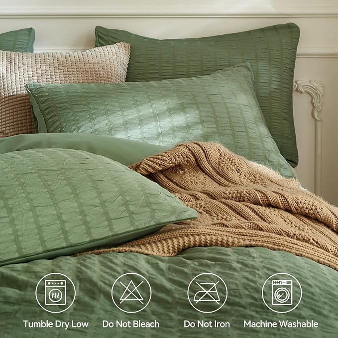 JELLYMONI Dark Green Duvet Cover Full Size, Soft Breathable Seersucker Duvet - Image 4