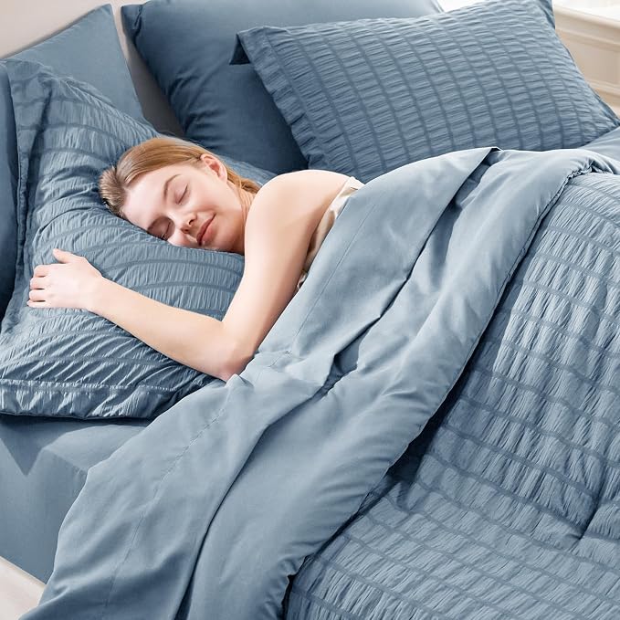 CozyLux King Size Comforter Set Grayish Blue Seersucker 7 Pieces Bed in a Bag - Image 5