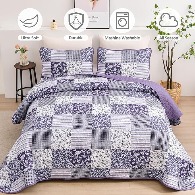 Mybedsoul Purple Quilt Set California King Size, 3 Pieces Boho Plaid Floral - Image 3