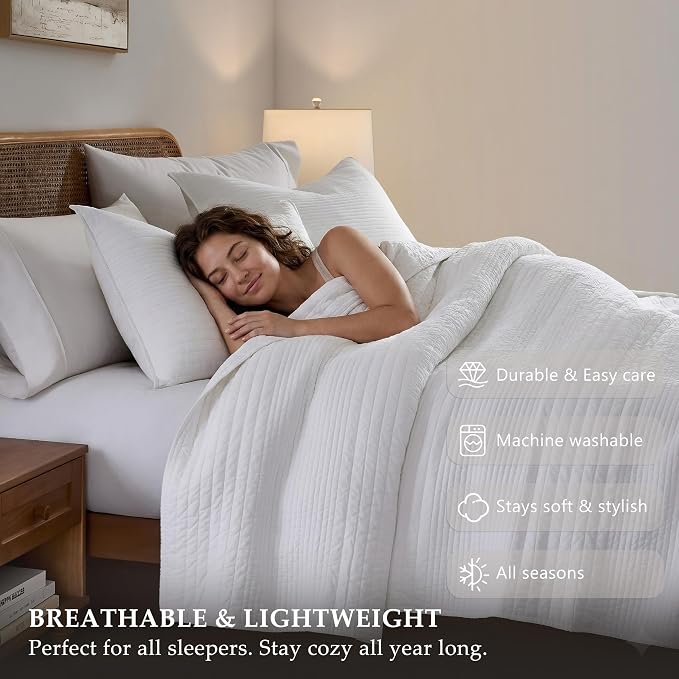 palassio Striped White 100% Cotton Quilt Queen Size Bedding Sets, Lightweight - Image 5