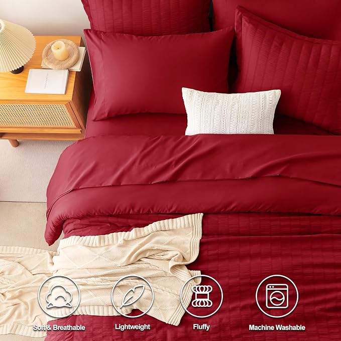 CozyLux Queen Comforter Set Dark Red Seersucker 7 Pieces Bed in a Bag Queen - Image 2