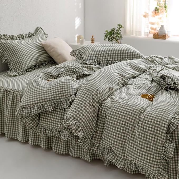 mixinni Green Gingham Ruffle Duvet Cover Queen Size 3 Pieces – 100% Washed - Image 2