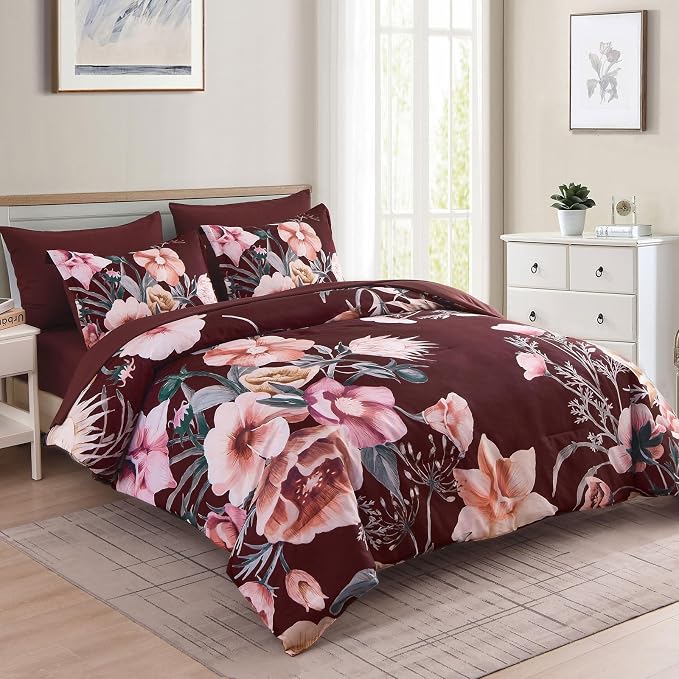 Luxudecor Burgundy Floral Comforter Set King Size 7 Piece, Flower Bed in a Bag - Image 2