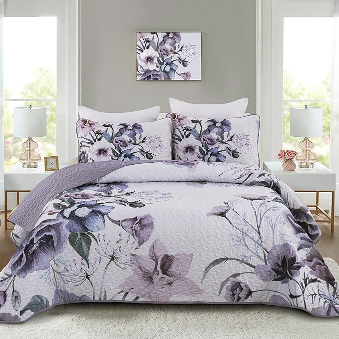 Drucon Purple Floral Quilt Set King Size 3 Pieces Purple Botanical Flower Quilt by DRUCON