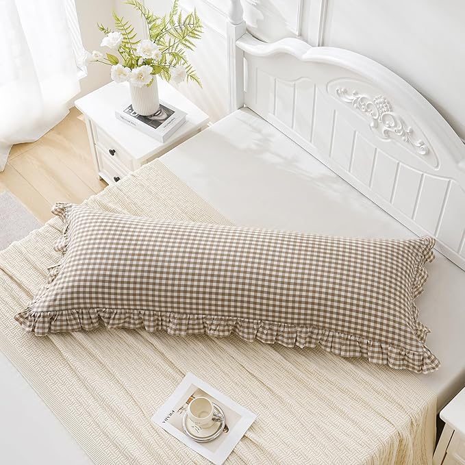 Taupe/White Plaid Ruffled Body Pillow Cover Washed Cotton Farmhouse Checkered - Image 3