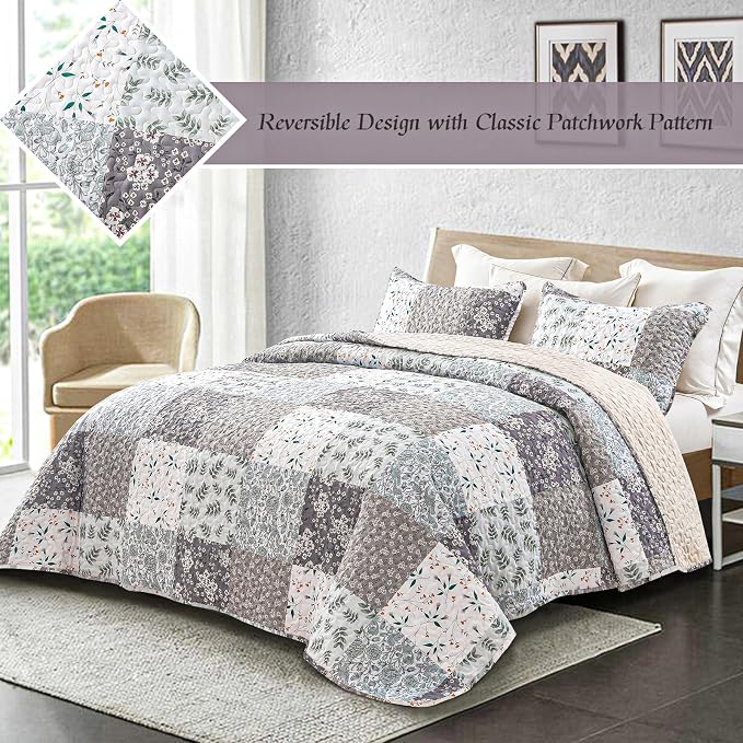 Whale Flotilla Patchwork Quilt Twin Size, Extra Soft Boho Floral Bedspreads - Image 2