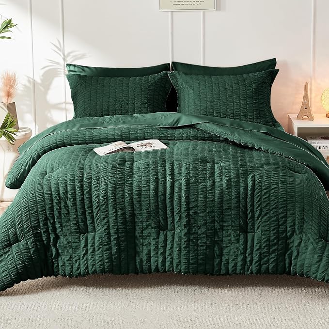 HYMOKEGE Emerald Green Queen Comforter Set Seersucker 7 Pieces, All Season - Image 9