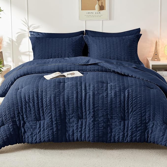 HYMOKEGE Navy Blue Full Size Comforter Sets Seersucker 7 Pieces, All Season - Image 9