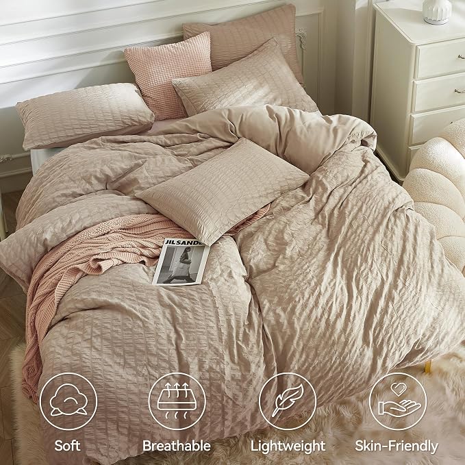 JELLYMONI Khaki Duvet Cover King Size, Soft Breathable Seersucker Duvet Cover - Image 2