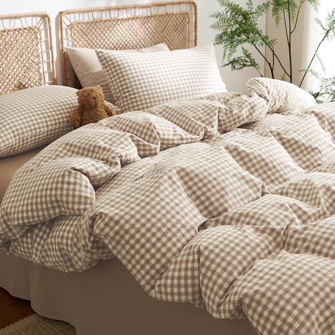 Nayoroom Gingham Duvet Cover Queen Size 100% Washed Cotton Brown Tan Plaid - Image 2