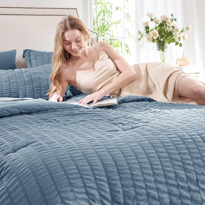 CozyLux King Size Comforter Set Grayish Blue Seersucker 7 Pieces Bed in a Bag - Image 3