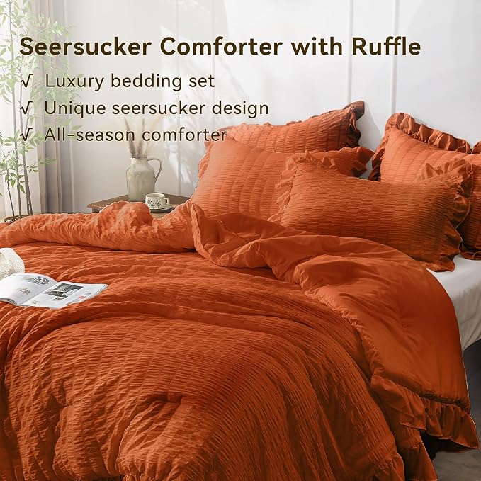 JOLLYVOGUE Burnt Orange Queen Comforter Set, 3 Pieces Seersucker Comforters - Image 4