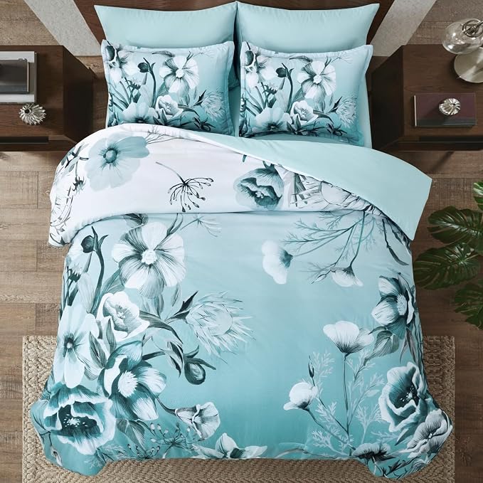 Luxudecor Floral Comforter Set Full Size 7 Piece, Aqua Flower Bed in a Bag - Image 3