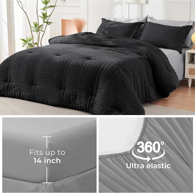 HYMOKEGE Black/Light Grey Twin XL Comforter Set Seersucker 5 Pieces, All Season - Image 6