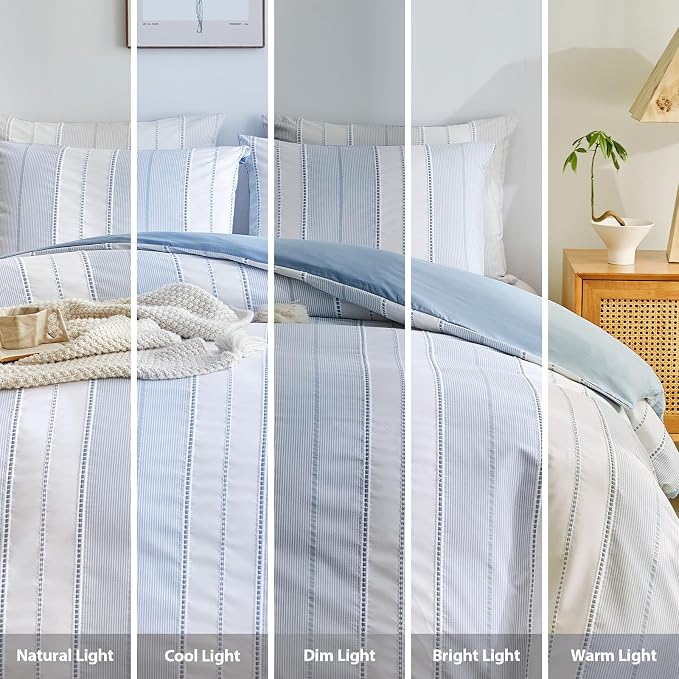 WARMDERN Blue Striped Weave Duvet Cover Queen Size, Microfiber Textured Bedding - Image 8