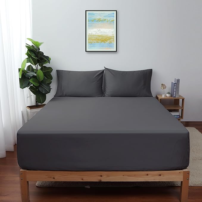 Full Size Fitted Sheet Only Dark Grey, 100% Egyptian Cotton 600 Thread Count by ShunjieHome