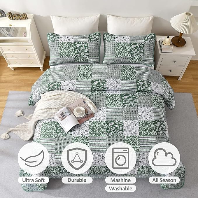 Mybedsoul Green Quilt Set Full Size, 3 Pieces Plaid Floral Bedspread Set - Image 3