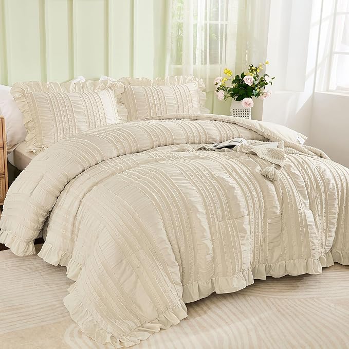 WONGS BEDDING Beige Textured Comforter Set King, 3 Pieces Ruffle Farmhouse - Image 2