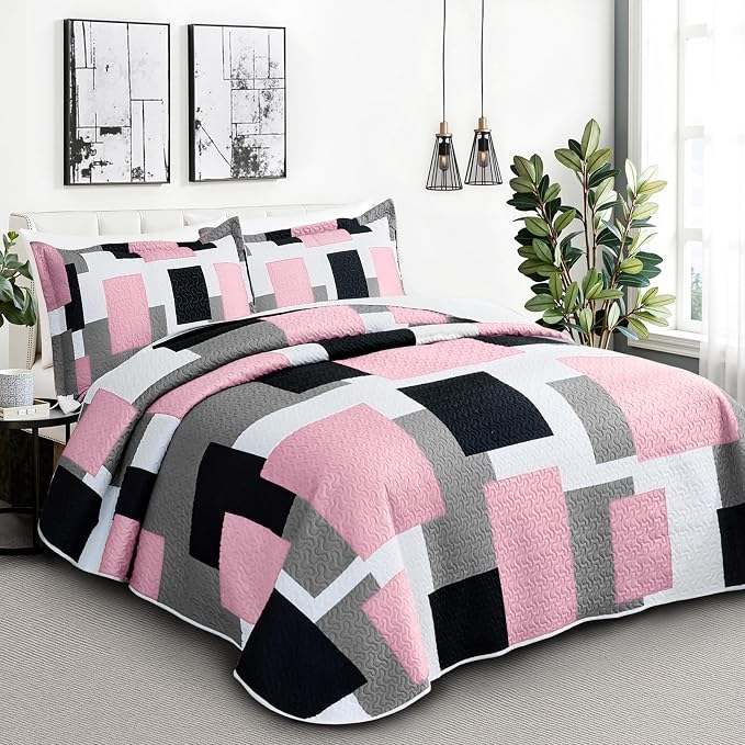 Tyrot 3 Piece Pink Grey Quilt Set King Size Pink Gray White Geometric - Image 2