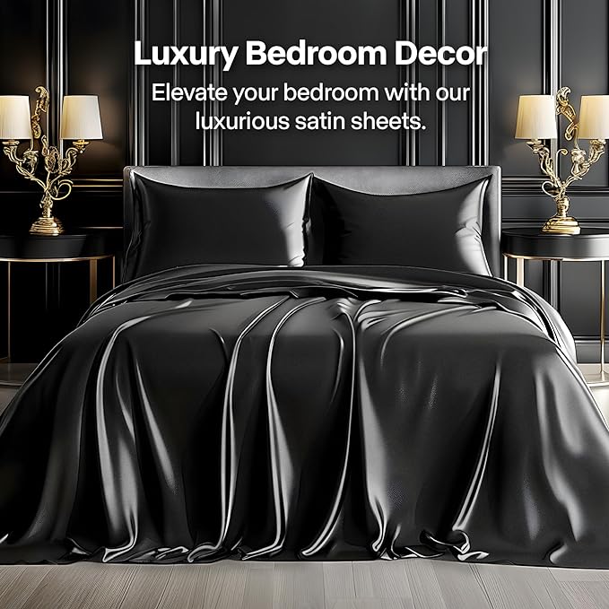 BEDELITE Satin Sheets Queen Size Bed Set, Luxury Soft Black Silky Sheets - Image 2