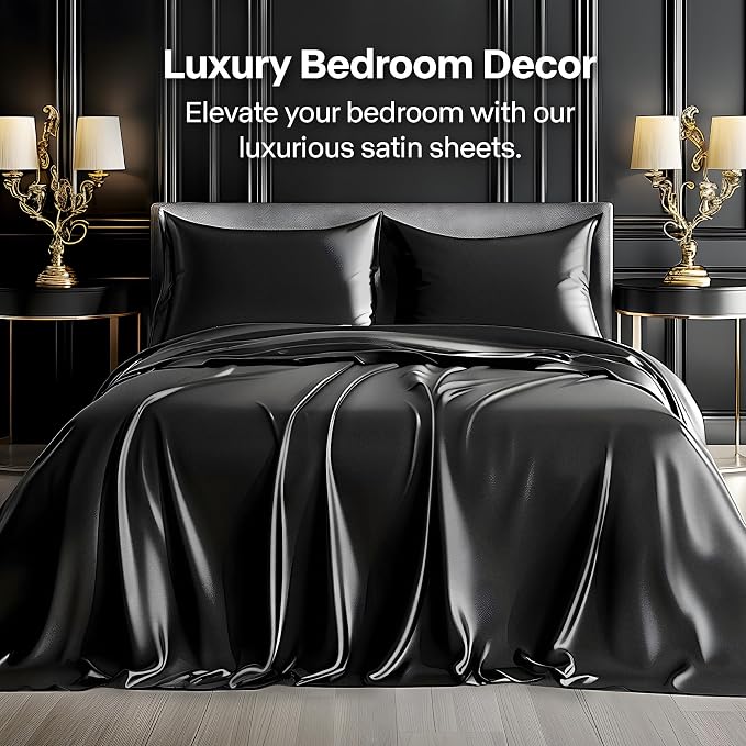 BEDELITE Satin Sheets Full XL Size Bed Set, Luxury Soft Black Silky Sheets - Image 3